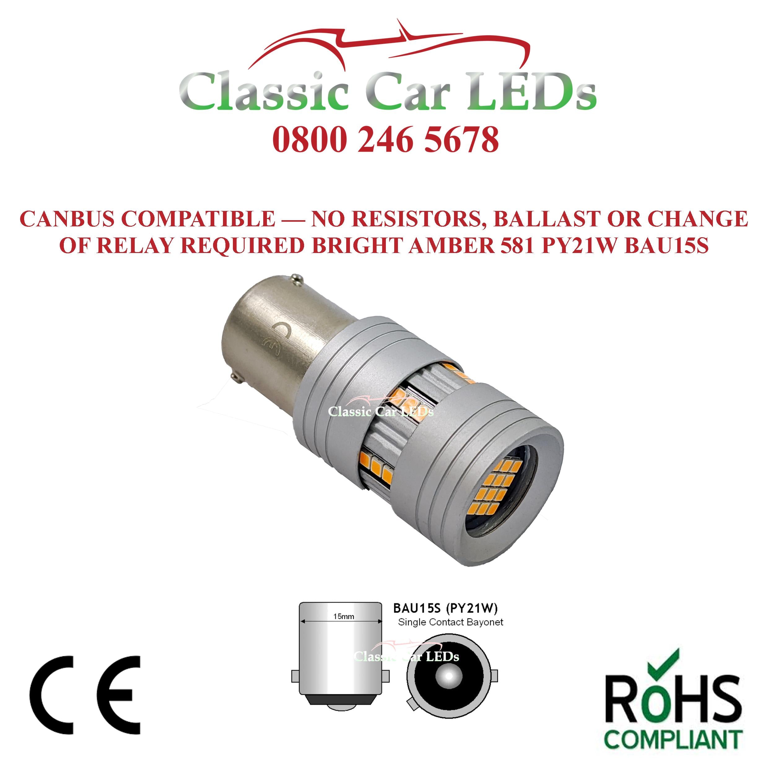 1 x Canbus BRIGHT AMBER LED INDICATOR BULB No Hyperflash BAU15S PY21W –  Classic Car LEDs Ltd